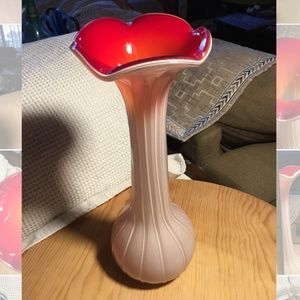 Art Glass Vase White w/Brilliant Red/Orange Interior~Fluted & Ribbed